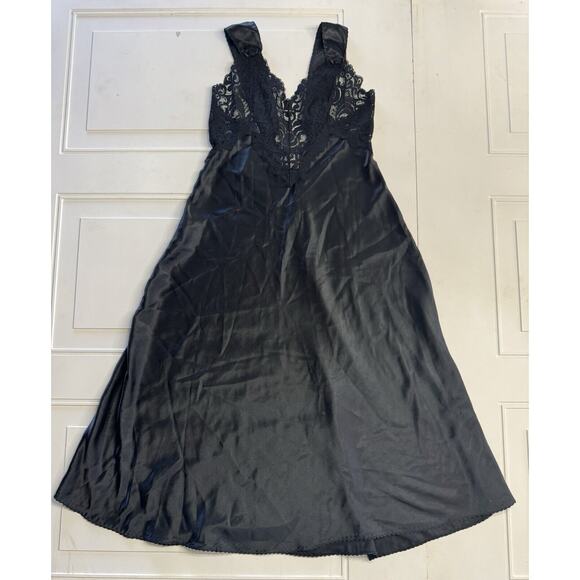 Vintage CINE STAR Black Nightgown Slip Dress Lace Accents Size Medium - Picture 1 of 9